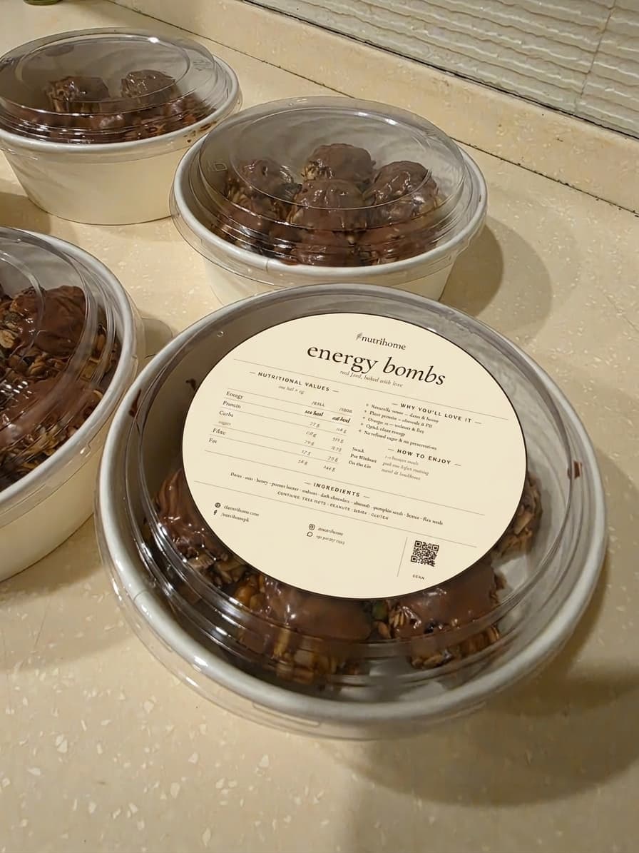 NutriHome Energy Bombs pack with branded nutrition label visible on top